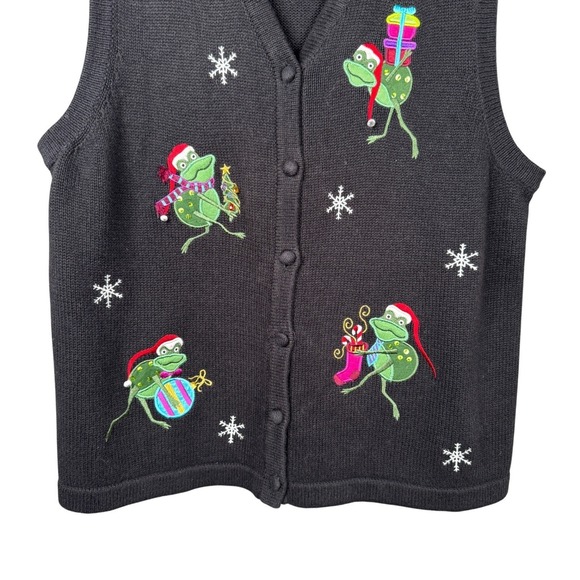 Christmas Sweater Cardigan Vest Black Green Frog Novelty Snowflakes Women's 1X - Picture 5 of 15